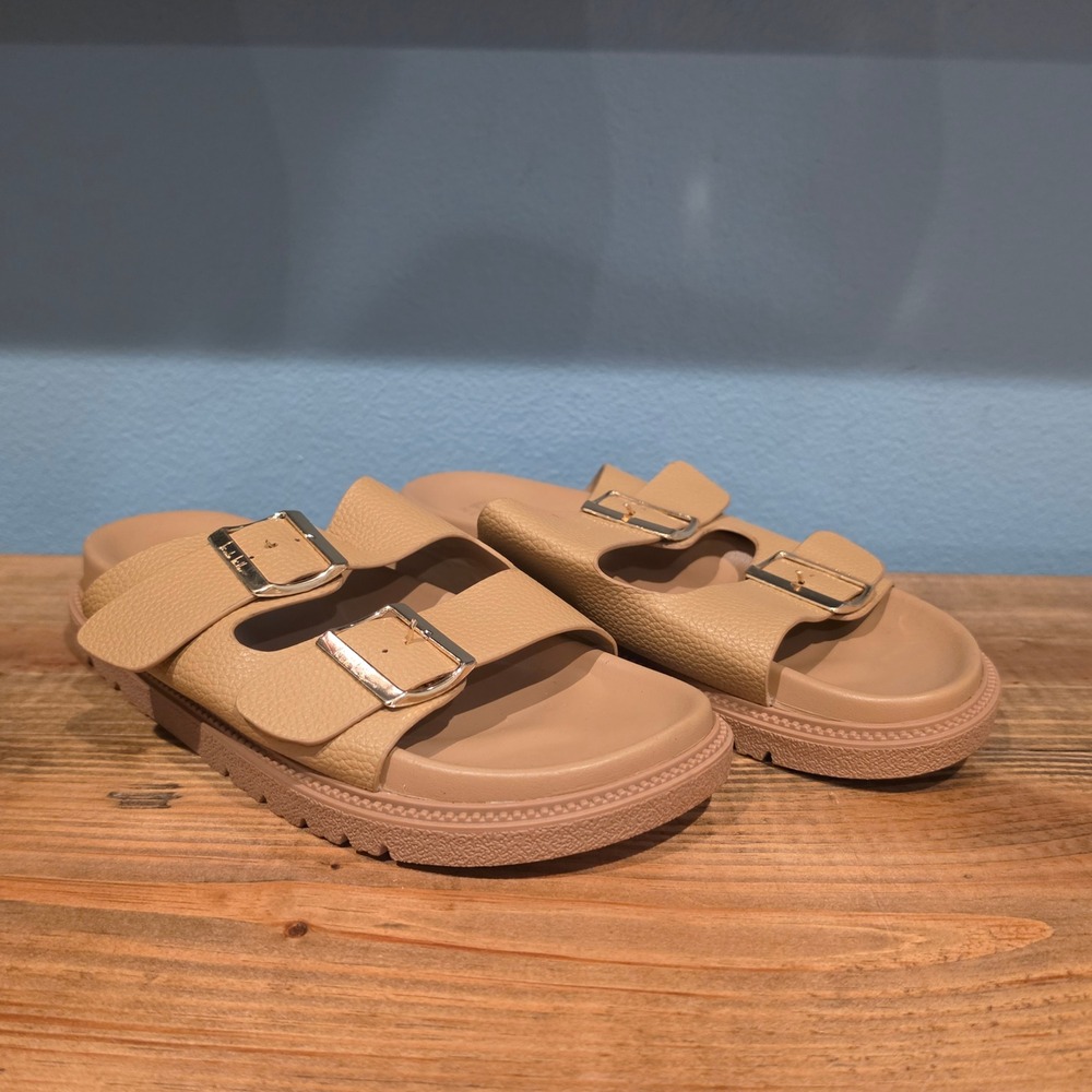 Nicole Miller Women Slide Sandals Tan Double Strap Buckle Birkie Size 7